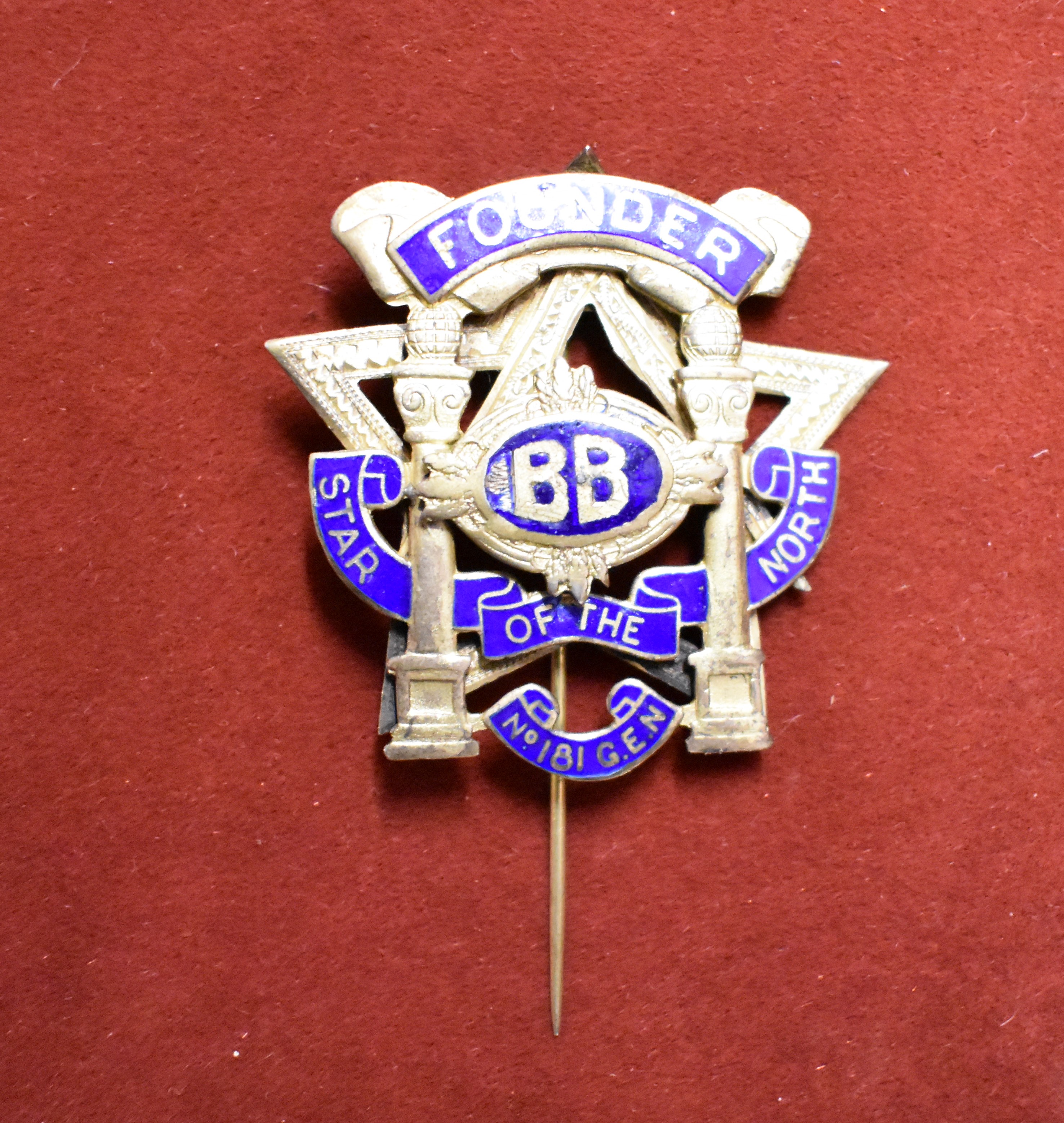 Masonic Founders badge or jewel in gilt and enamel 'Founders' in a scroll above, 'BB' central and '