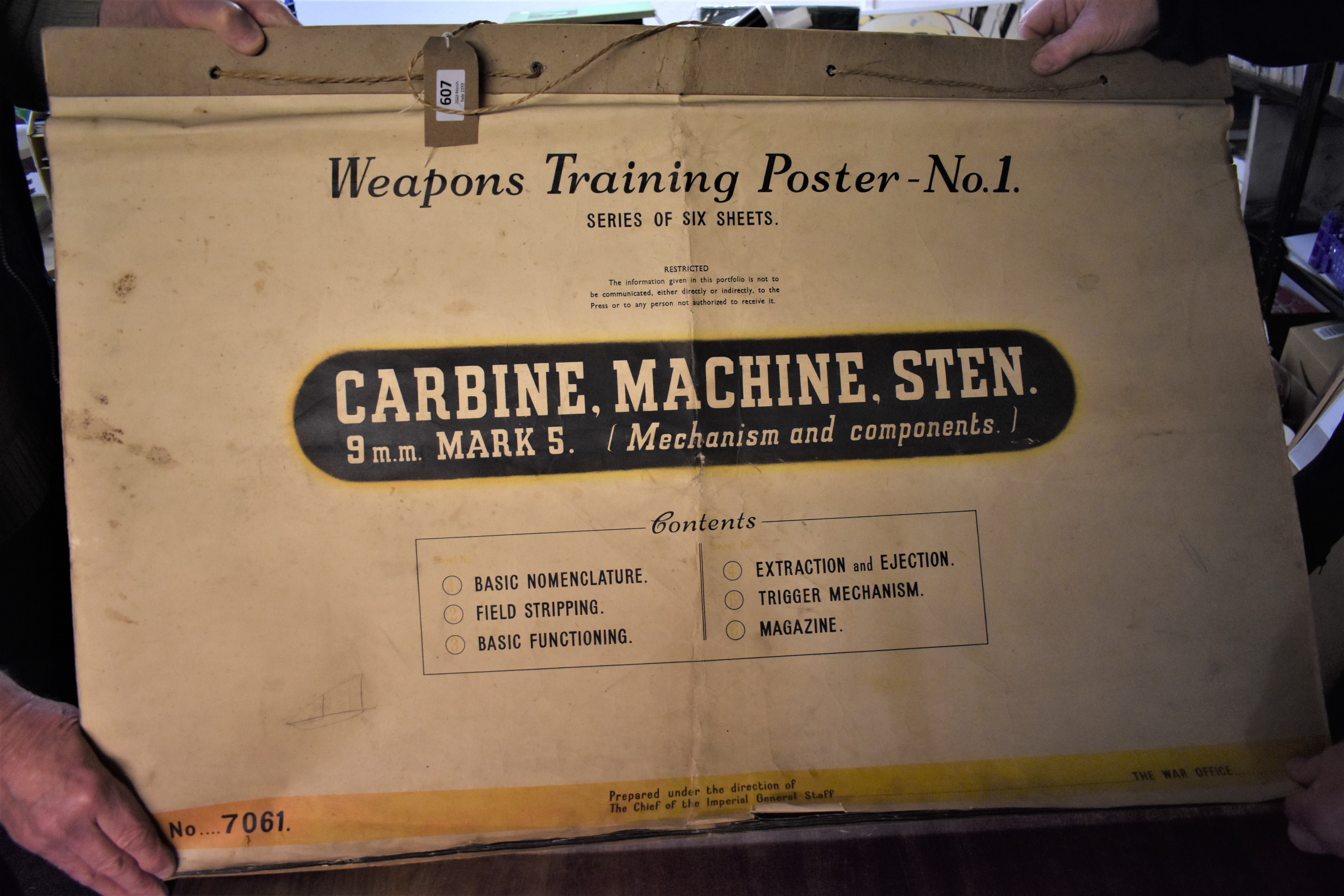British 1946 dated Sten MK 5 Flip Chart, reads "Weapons training poster No.1 - Carbine, Machine, 9mm
