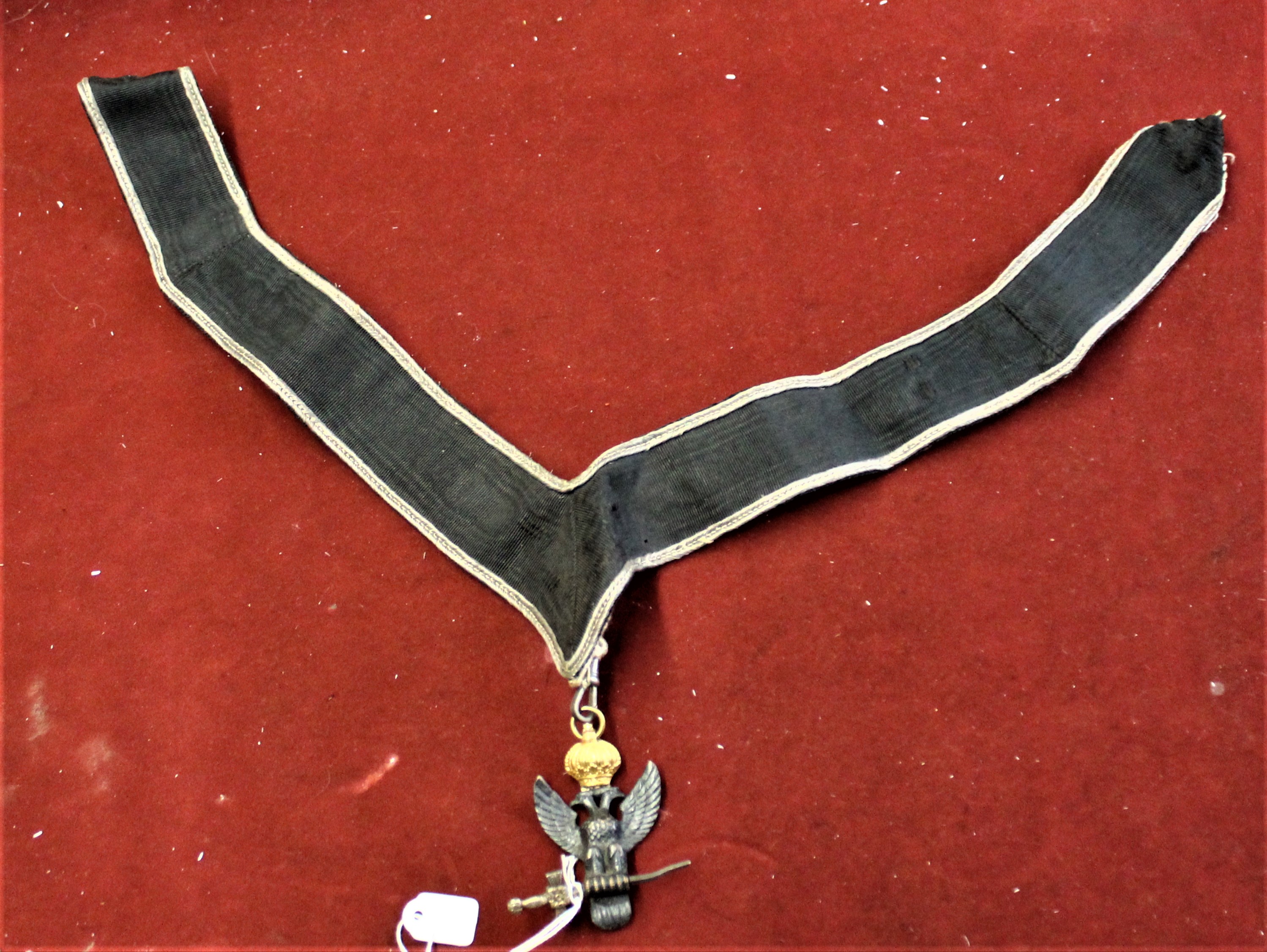 Masonic 30th Degree Rose Croix Collarette Eagle Jewel, in bronze and gilt and the collarette is