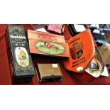Collection of vintage metal tins and boxes including East West Home's Best vintage biscuit tin 1950s