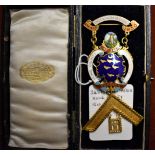 Masonic Past Masters Jewel for a member of the Home County Lodge No. 3451 in 15ct Gold and enamel,