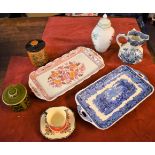 A Floral Spode urn with lid Country Lane 19.5cm high, blue & white Masons octagonal jug (handle