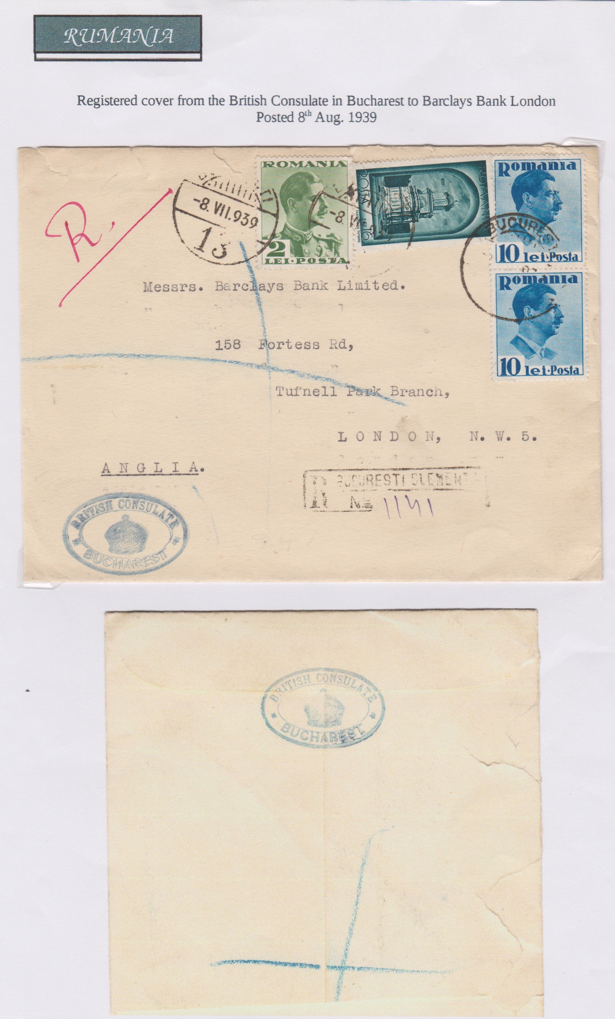 Romania 1939-envelope stamped British Consulate Bucharest posted registered to London cancelled 8.