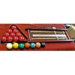 Set of snooker balls for 3/4 size table and a snooker score board made from brass and wood, wall