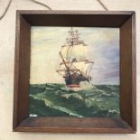 Vintage 1947 Painted Tile painted with a scene of an old sailing ship on the sea. Framed and with an