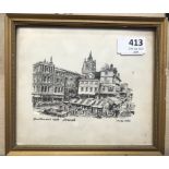 Vintage framed small black and white print of Gentleman's Walk Norwich, view of the market place and