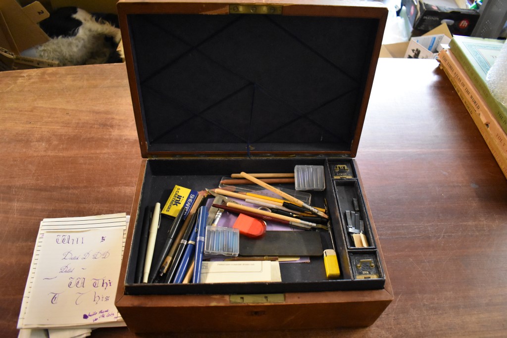 British Victorian 1846 leather desk writing slope made by Turrill of Bond street, contains various