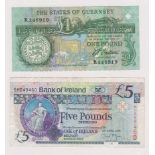 Ireland 2008 Bank of Ireland £5 GVF and Guernsey 1980, GVF (Sig; Trestain, prefix 'R'), (2)