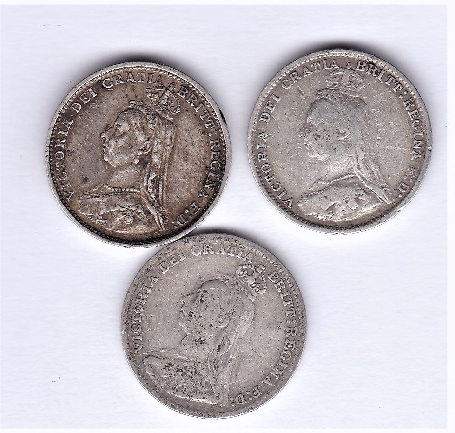 Great Britain 1887, 1889 and 1891 Jubilee Head Silver Threepence, fine to GVF (3) - Image 2 of 2