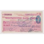 Westminster Bank Limited, Egremont Branch, Cumberland. Used, order BO 25.4.46, red on white.