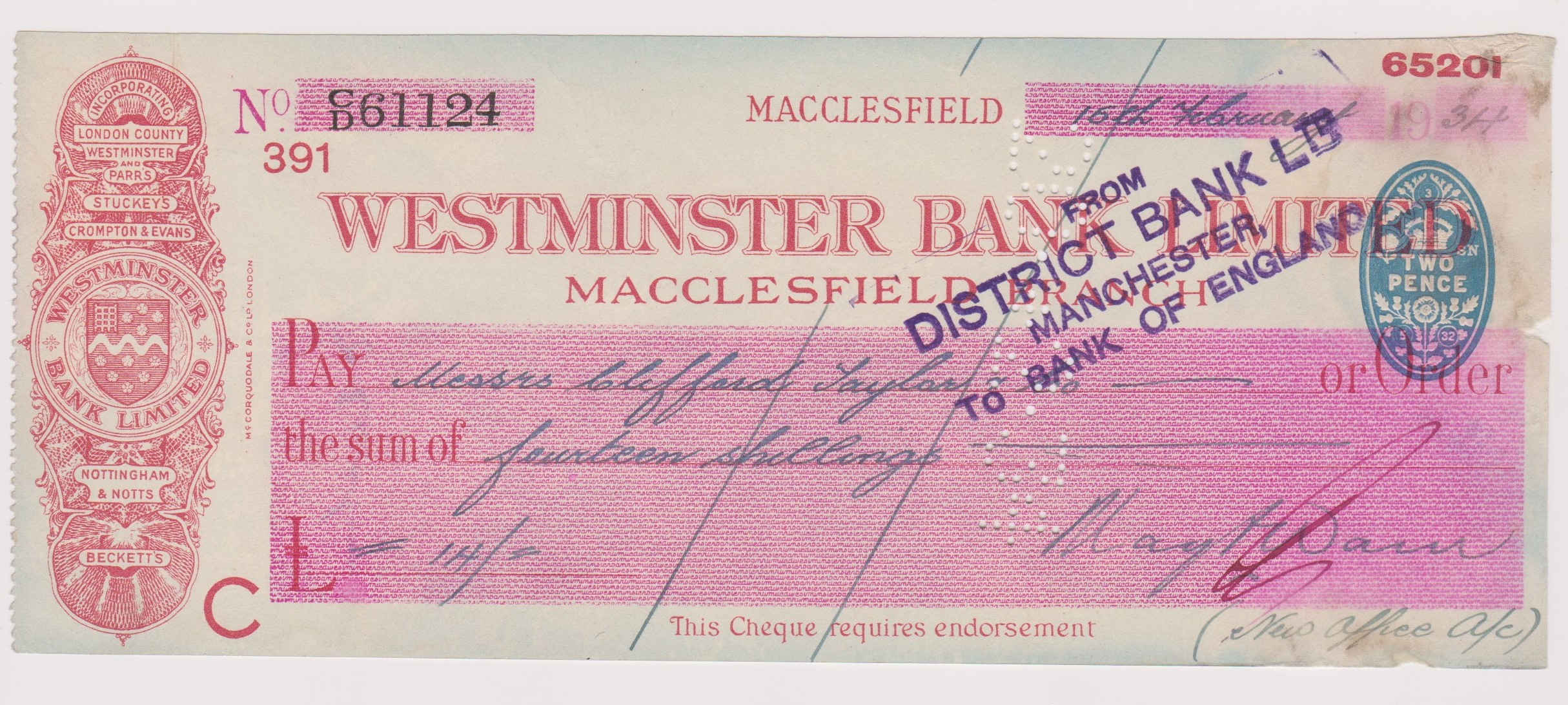 Westminster Bank Limited, Macclesfield Branch. Used, order BO 3.5.32, red on white. Printer: