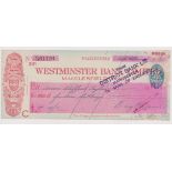 Westminster Bank Limited, Macclesfield Branch. Used, order BO 3.5.32, red on white. Printer: