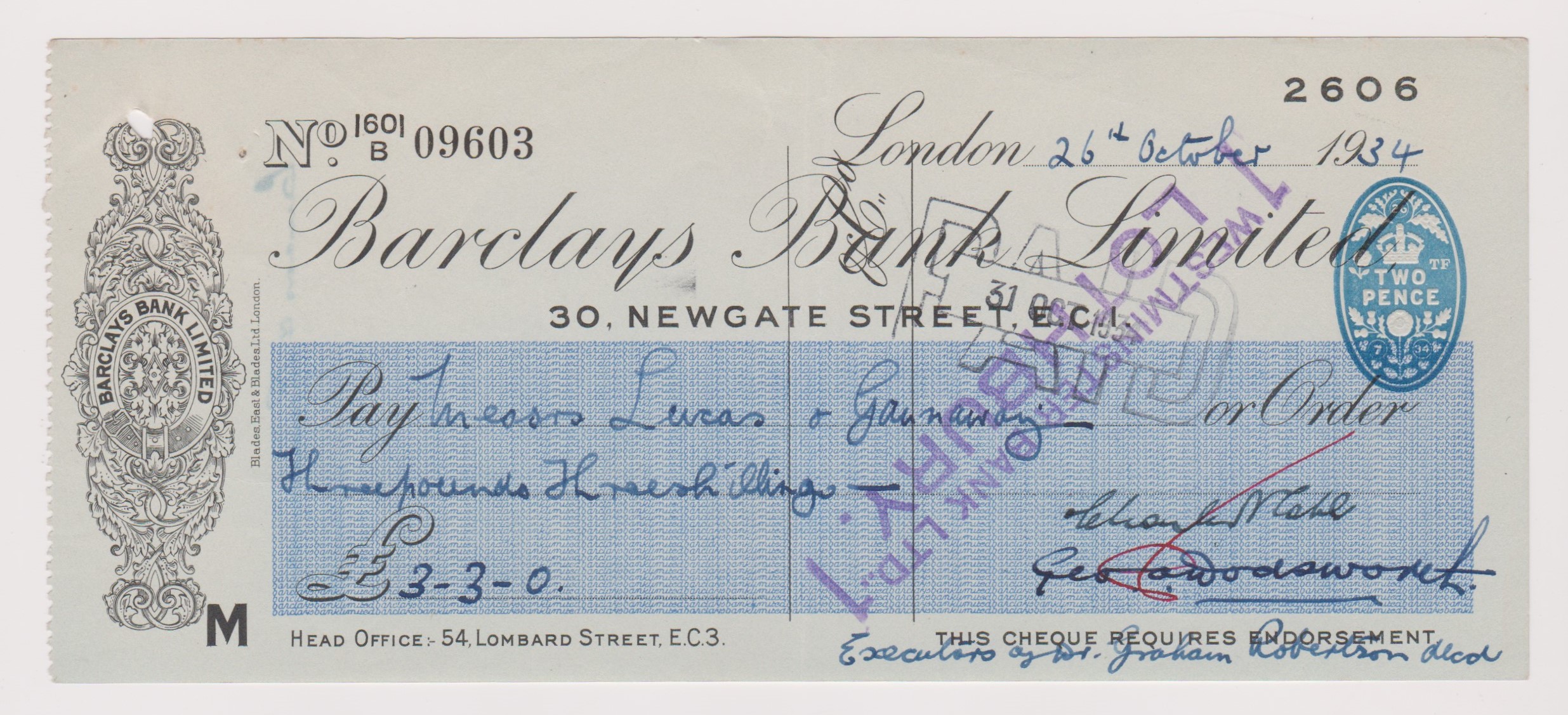 Barclays Bank Limited, 30 Newgate Street E.C.I. Used, order BO 26.7.34. Black on duck shell blue