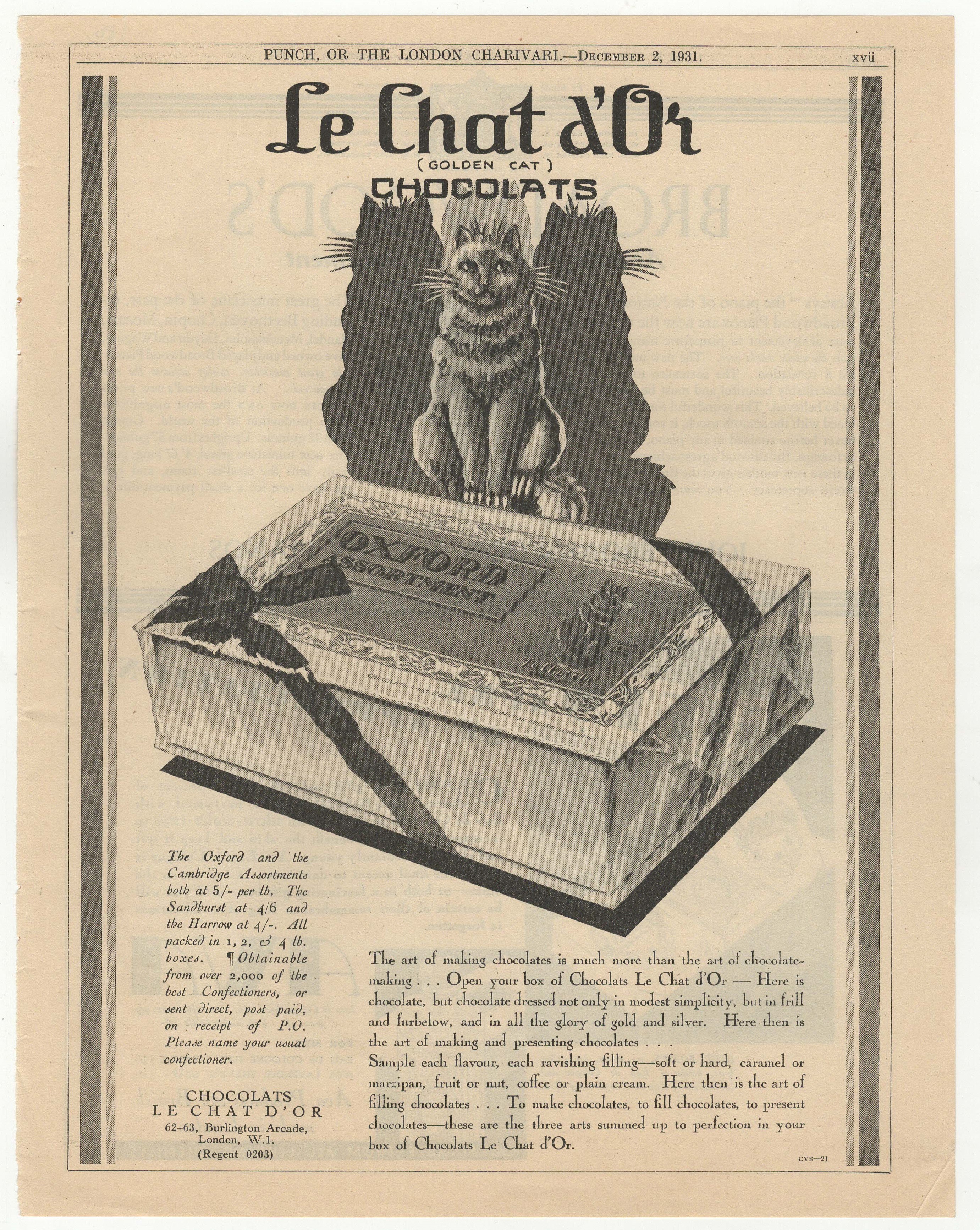 Le Chat d'Or (Golden Cat) Chocolates 1931- Punch full page advertisement-black and white, Oxford