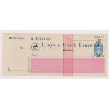 Lloyds Bank Limited, Wisbech. Mint, order with c/f, BO 23.11.43. Black on cream and pink panel,