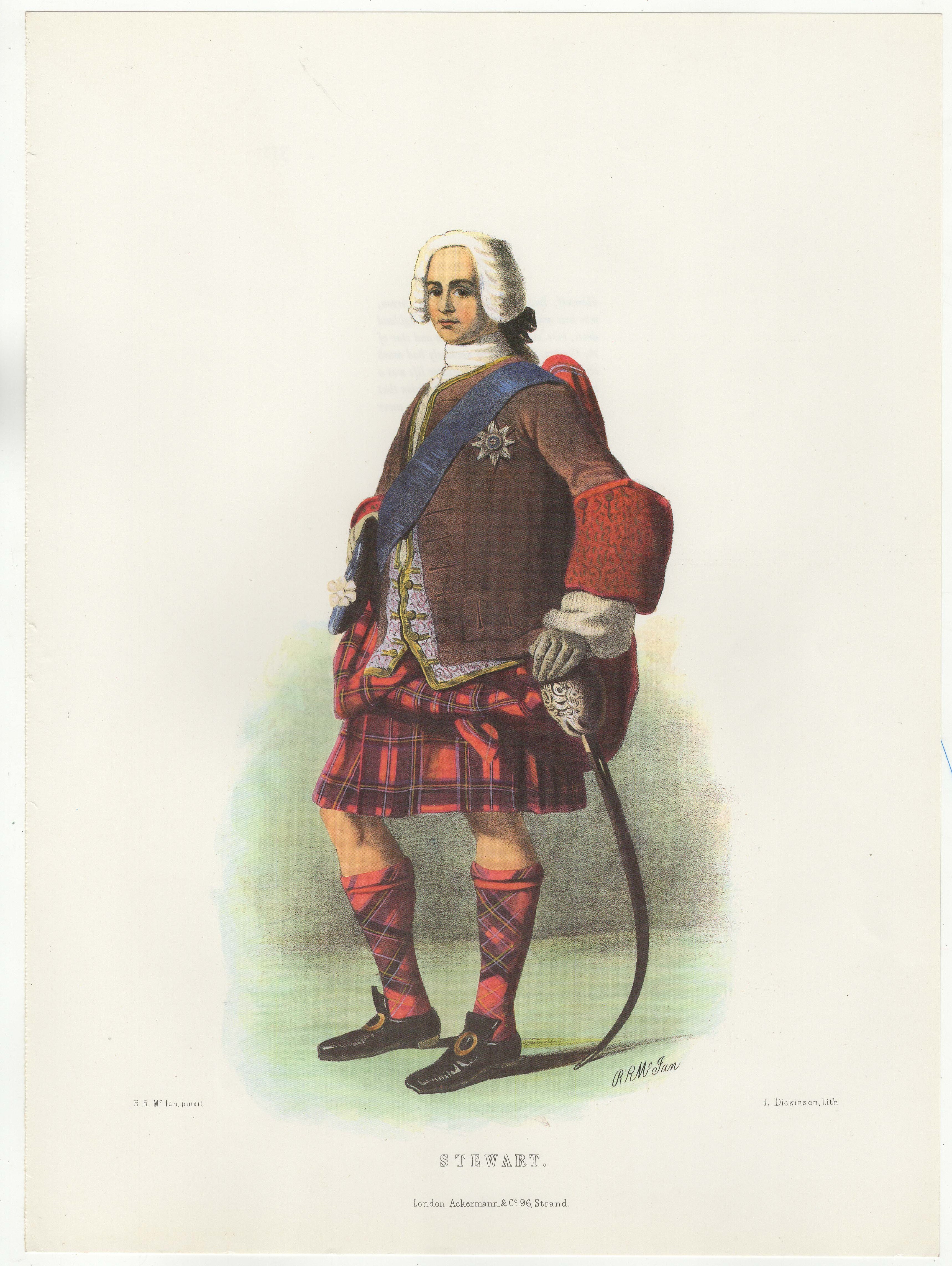 Ackerman Vintage colour print-Clan Stewart' R.R Mc Ian, printer L.Dickinson Litho 11" x 15" approx.