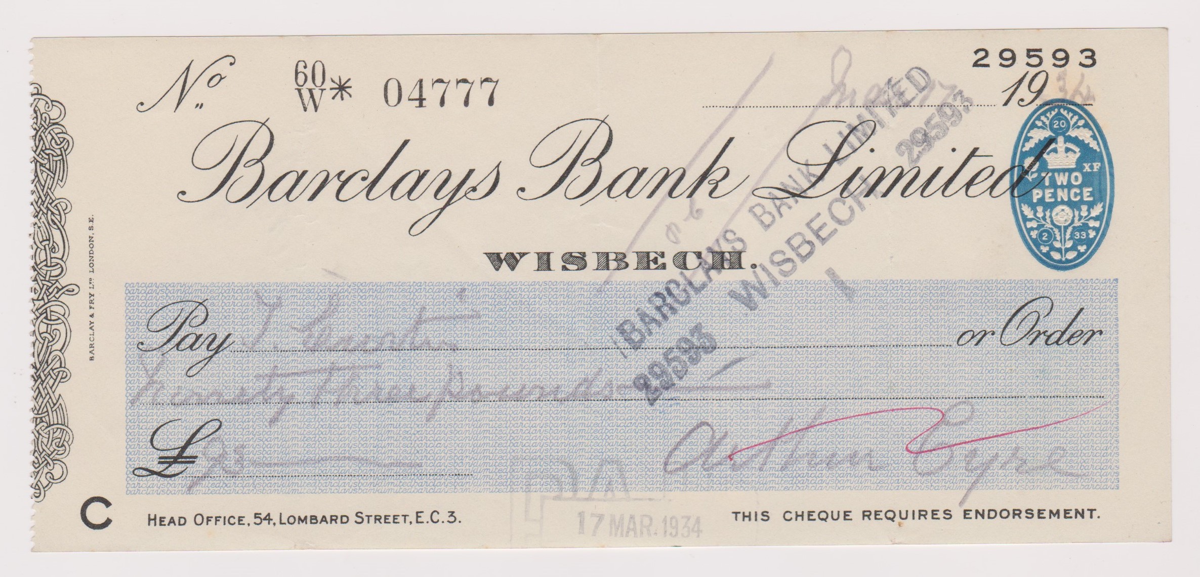 Barclays Bank Limited, Wisbech. Used, order BO 24.12.31. Black on white with blue panel. Printer: