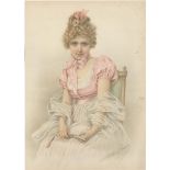 Florence Gravier-An antique colour print -beautiful Victorian lady in silk gown holding fan-'A
