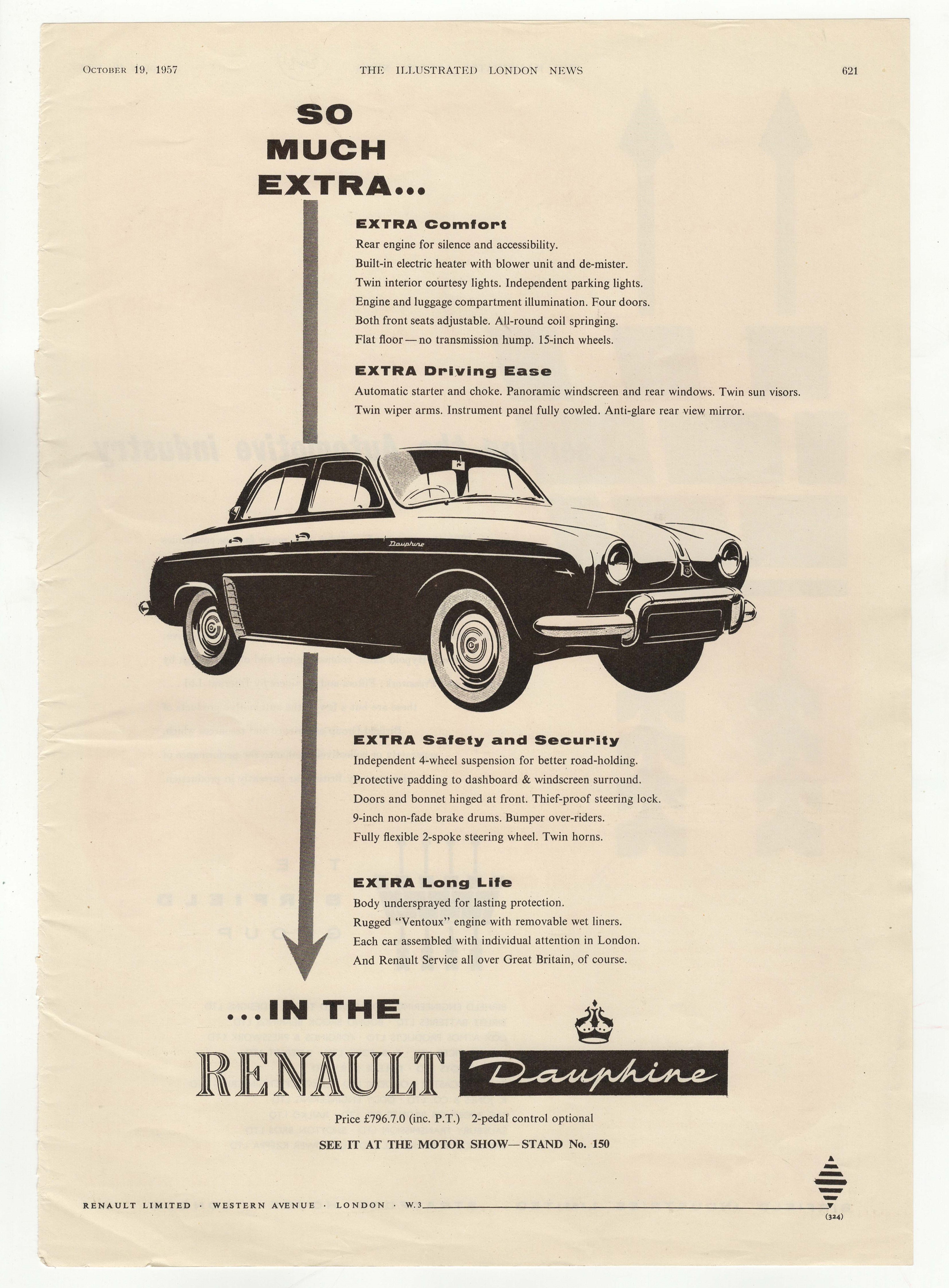 Renault 1957-full page black and white advertisement-Renault Dauphine-Motor Show Stand 150-10" x
