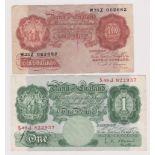 British 1950 10/- P.S. Beale, W352, F, and 1955 £1 green L.K. O'Brien, S48J BE56f, VF (2)