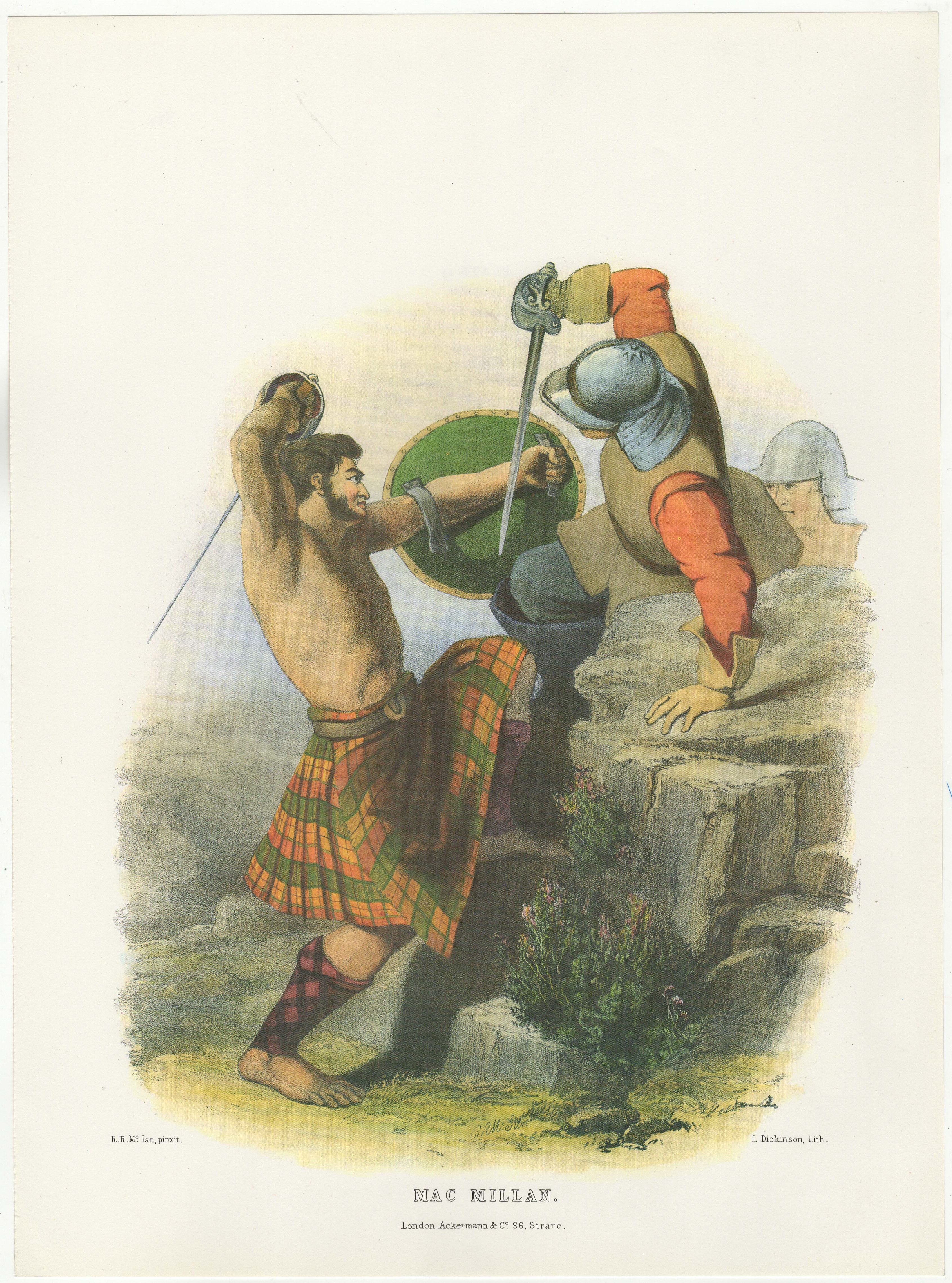 Ackerman Vintage colour print-Clan MacMillan R.R Mc Ian-printer L.Dickinson litho 11" x 15" approx.