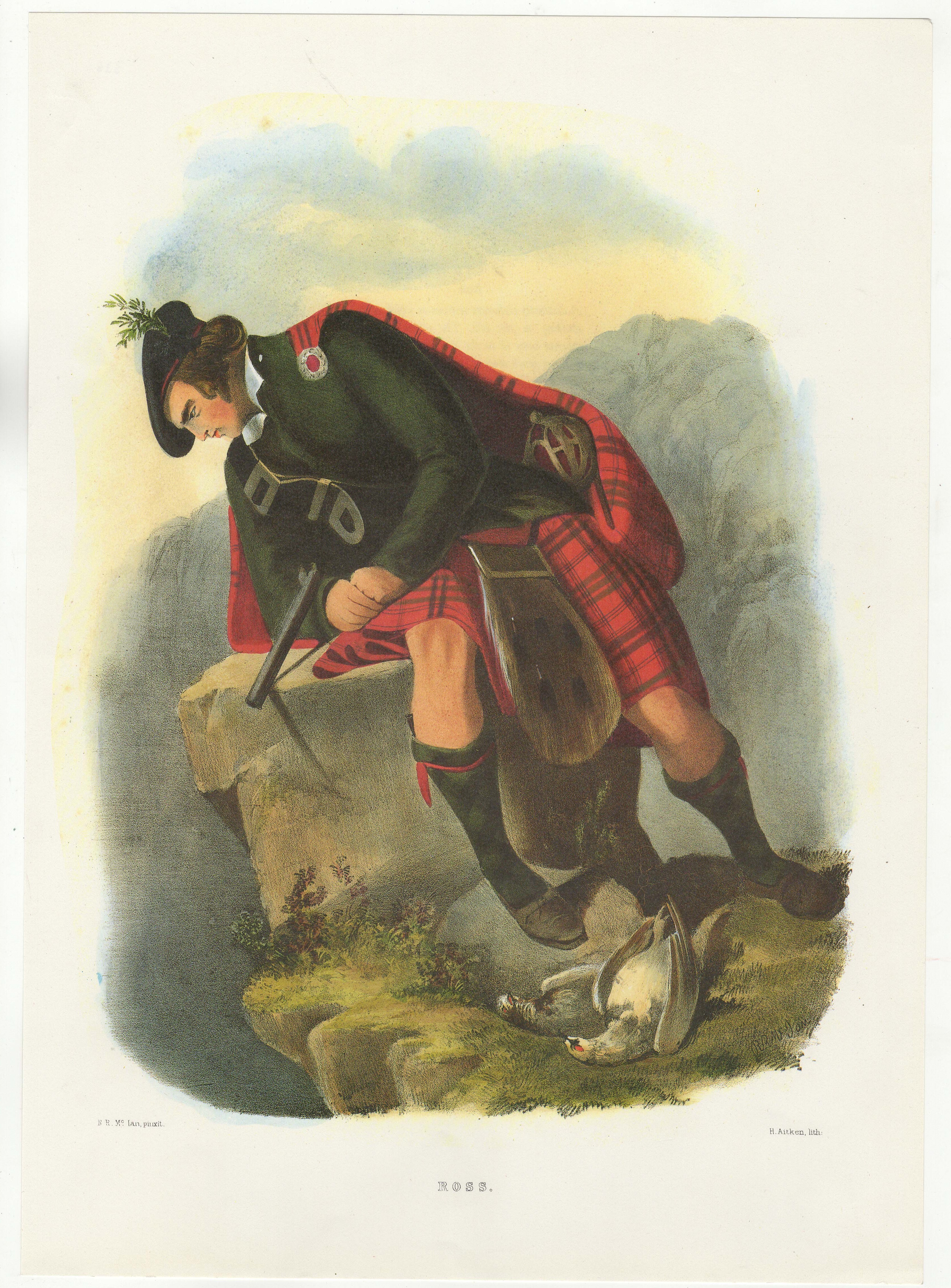 Ackerman Vintage colour print-'Clan Ross' R.R.Mc Ian printer H.Aitken,Lith 11" x 15" approx.