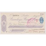 Barclays Bank Limited, 54 Lombard Street E.C. Used, order BO 20.1.26. Violet on cream, large T.13