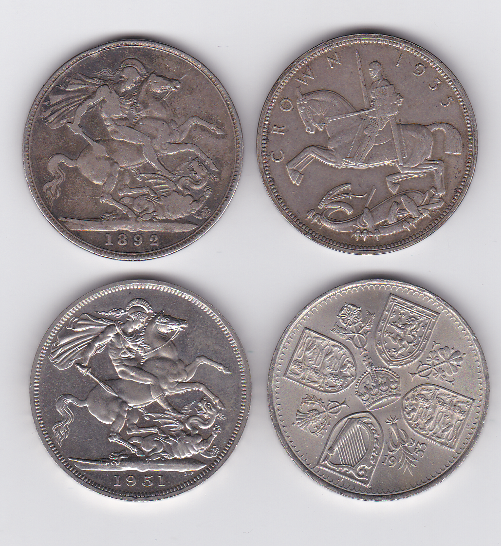 Great Britain Crowns 1892 good fine, 1935 EF, 1951 EF and 1953 EF (4 in total)