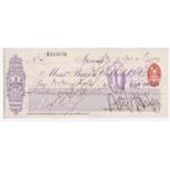 Cheque - Bacon Cobbold & Co., Ipswich used order 1899, RO: 6.12.99 purple on white. Printer: W.W.