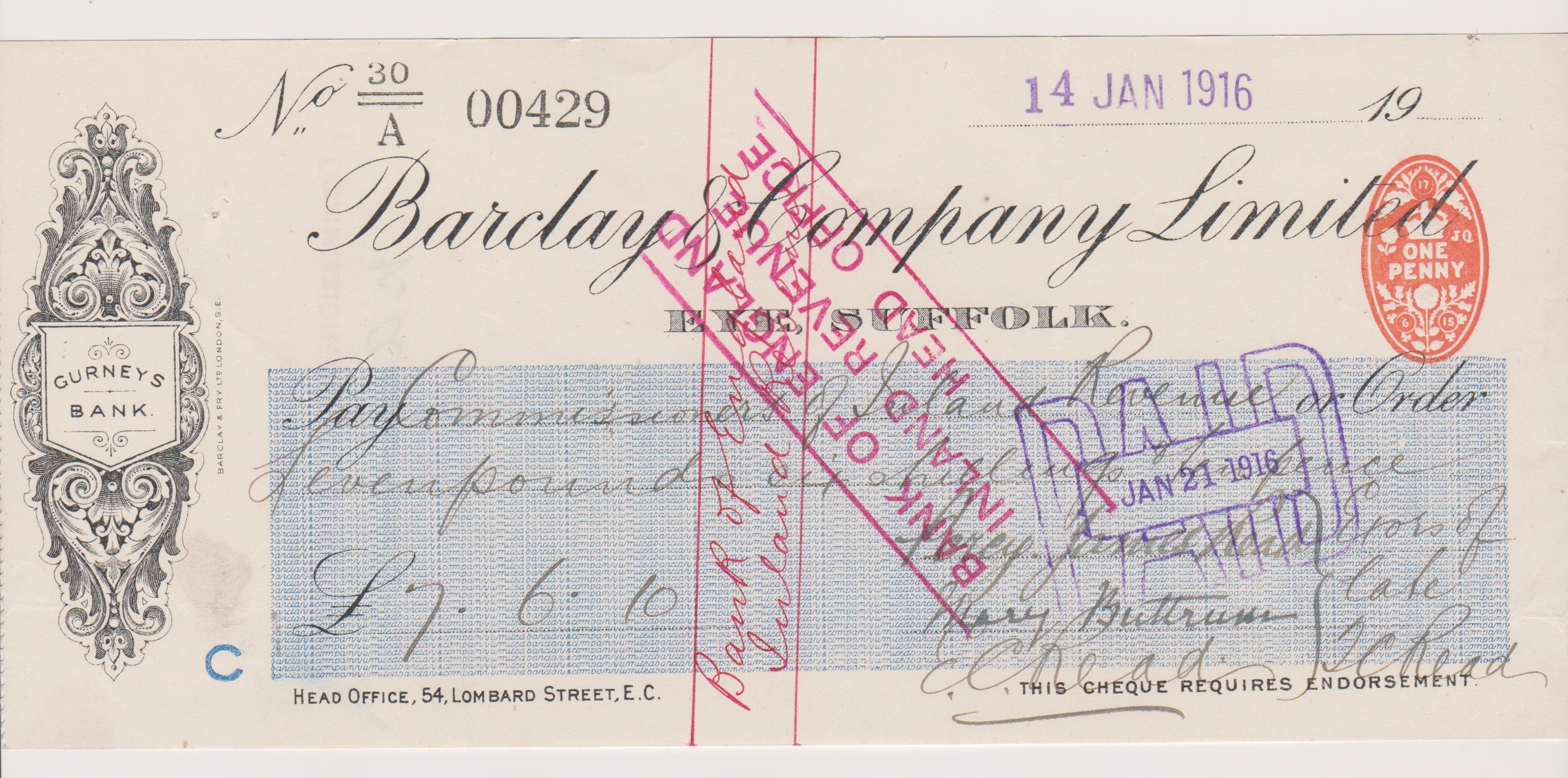 Barclay & Company Limited, Eye (Suffolk). Used, order cheque, RO 17.6.15. Black on cream with blue