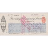 Barclay & Company Limited, Eye (Suffolk). Used, order cheque, RO 17.6.15. Black on cream with blue