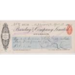 Barclay & Company Limited, Alysham. Used, order cheque, RO 22.12.08. Black on cream with blue panel,