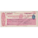 Westminster Bank Limited, Egremont Branch, Cumberland. Used, order BO 16.3.31, red on white.