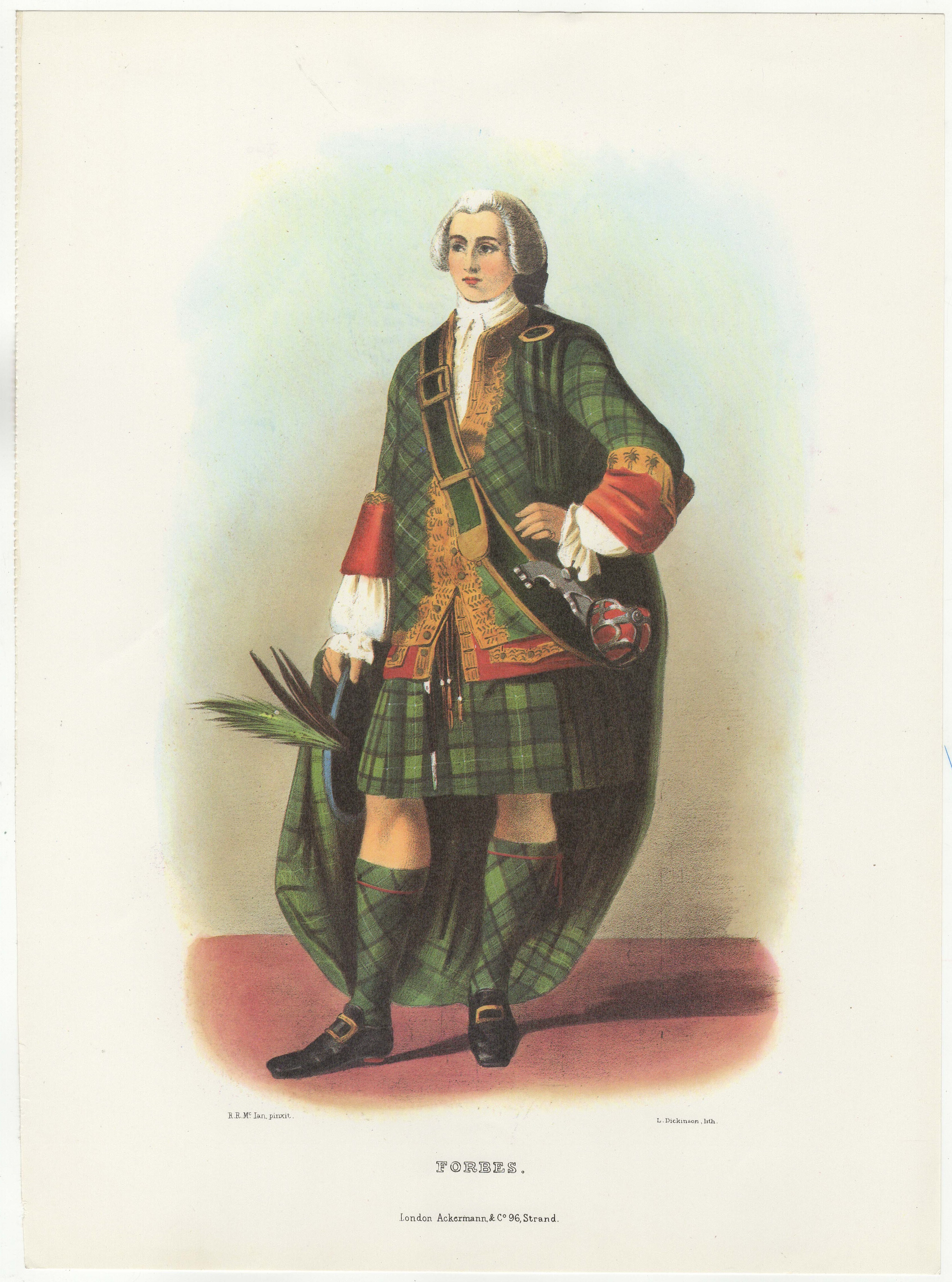 Ackerman Vintage Colour print 'Clan Forbes' R.R.McIan-printer L.Dickinson Lith 11" x 15"