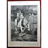 Royal Academy (F.Morgan) 1891-a full page black and white print-young family on horseback crossing a