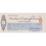 Barclay & Company Limited, Hunstanton. Used, order cheque, RO 29.9.10. Black on cream with blue