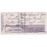 Cheque - London County Bank, Lombard Street, 1879. Used cheque, RO 31.7.75 purple on cream. Printer: