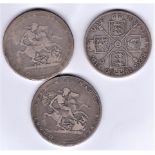 Great Britain Silver Crowns 1820 George III N/F, another no clear date; 1890 Victoria Double Florin,