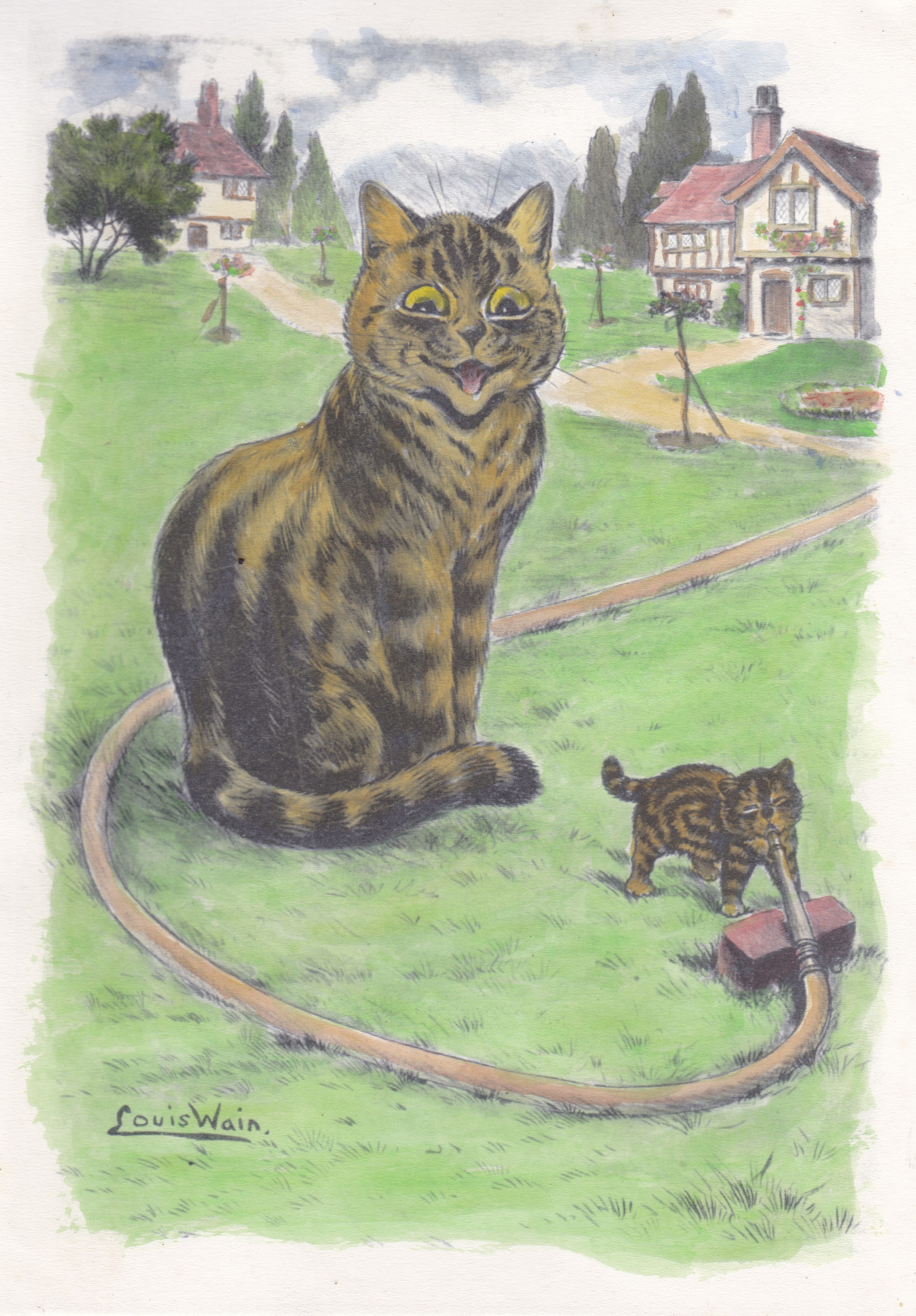 Louis Wain-colour print cat with her kitten-on card