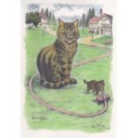 Louis Wain-colour print cat with her kitten-on card