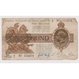 British 1919 £1 First N.F. Warren Fisher Issue, R over 11, fine, 'Good luck', graffiti WWI.