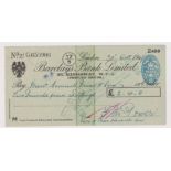 Barclays Bank Limited, 35 Kingsway W.C.2. Used, order BO 17.2.47. Black on green with vignette of