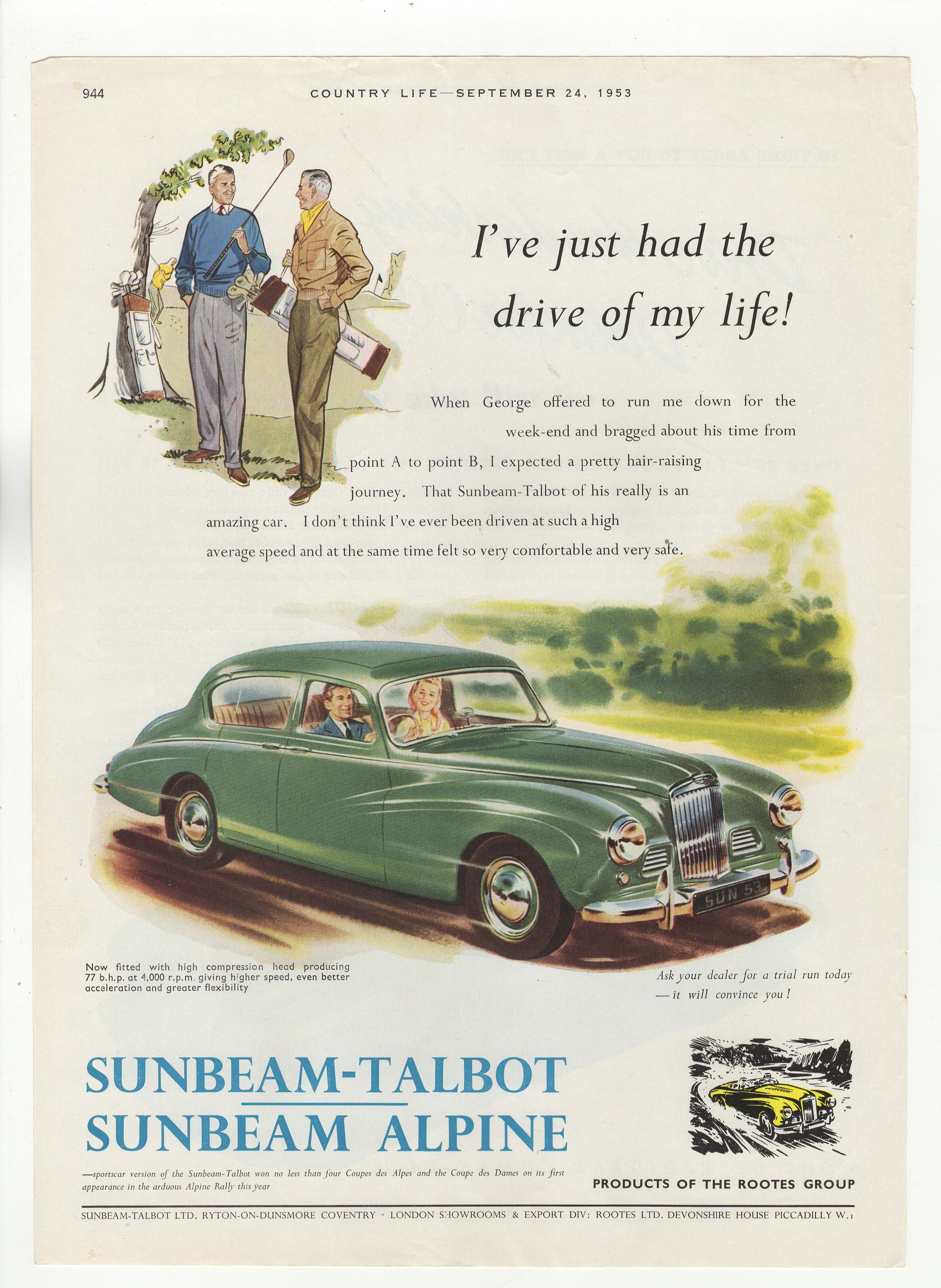 Sunbeam-Talbot/Sunbeam Alpine 1953-full page colour advertisement-9" x 13" classic advert.