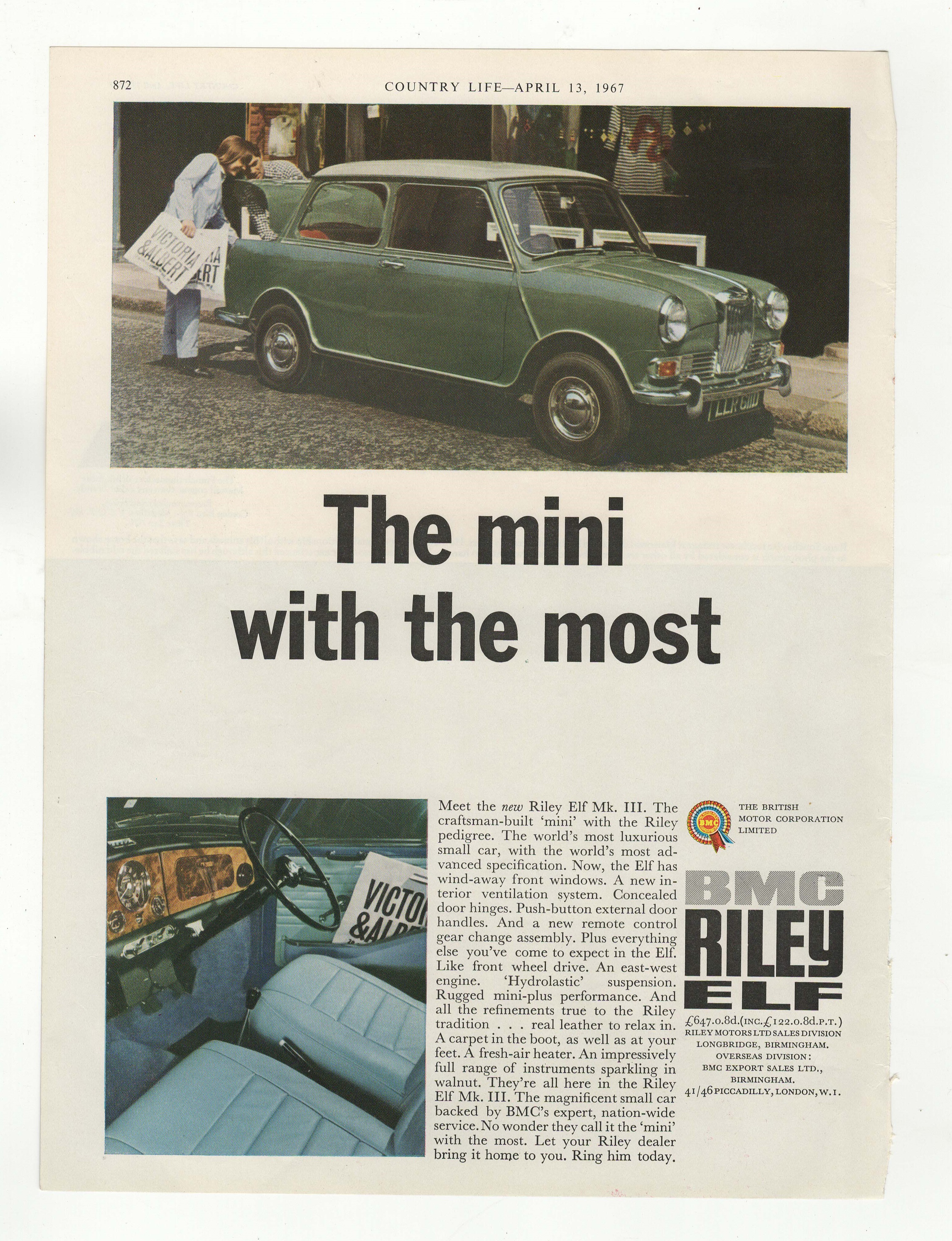 BMG Riley Elf 1967-full page colour advertisement-'The Mini' with the most' BMC Riley Elf-9" x 12"