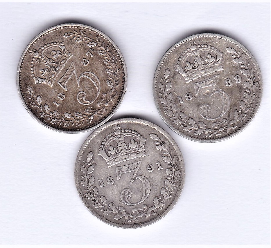 Great Britain 1887, 1889 and 1891 Jubilee Head Silver Threepence, fine to GVF (3)