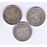 Great Britain 1887, 1889 and 1891 Jubilee Head Silver Threepence, fine to GVF (3)