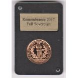 2017 Remembrance Gold Sovereign, Gibraltar - Proof like. A very moving coin cased with certificate