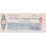 Barclay & Company Limited, Hunstanton. Used, order cheque, RO 29.9.10. Black on cream with blue