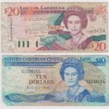 Eastern Caribbean Central Bank 1988-93 10 Dollars prefix 'C', Signature 2, AVF; also 20 Dollars,