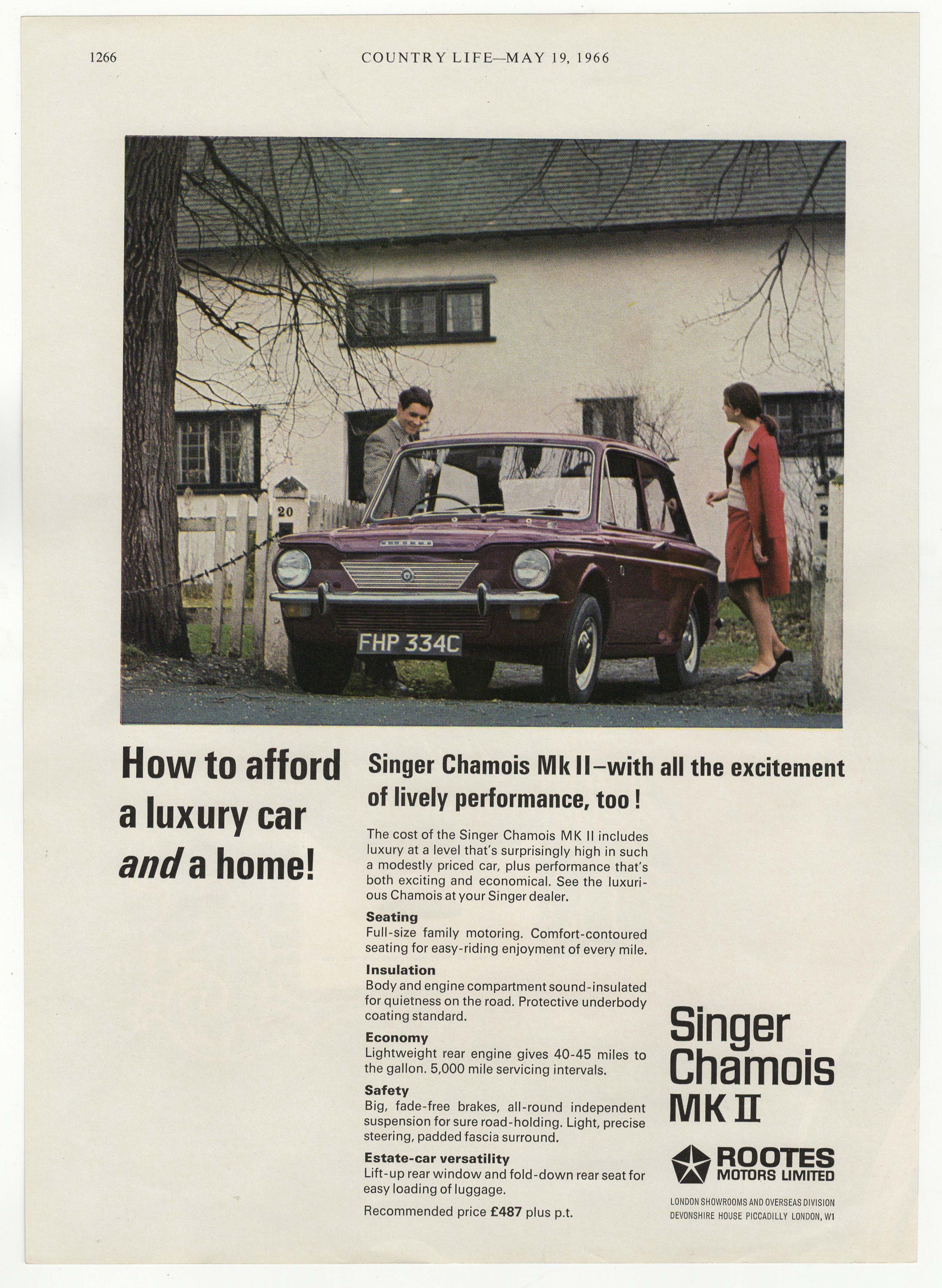 Singer Chamois MKII 1966-colour page advertisement-'How to Afford a Luxury Car and a Home!'-Rootes